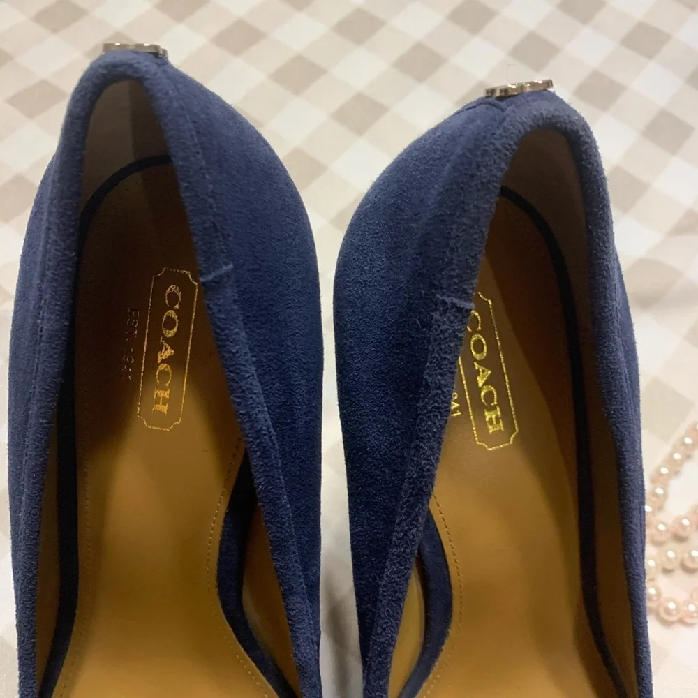 Coach Navy Suede Platform Peep-Toe Pumps